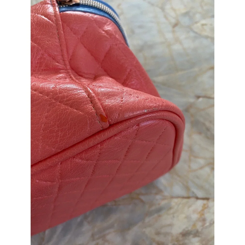 Sephora Quilted Makeup Bag Coral Pink Blue Trim Zippered Travel Train Case